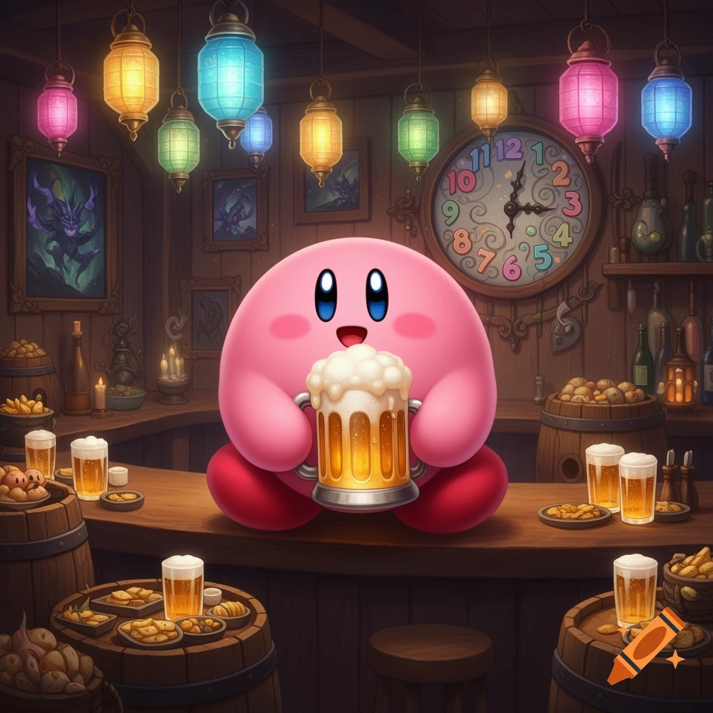 Kirby holding a foamy mug of beer at a cozy, lantern-lit wooden bar, surrounded by other drinks and snacks. Stylized digital art.