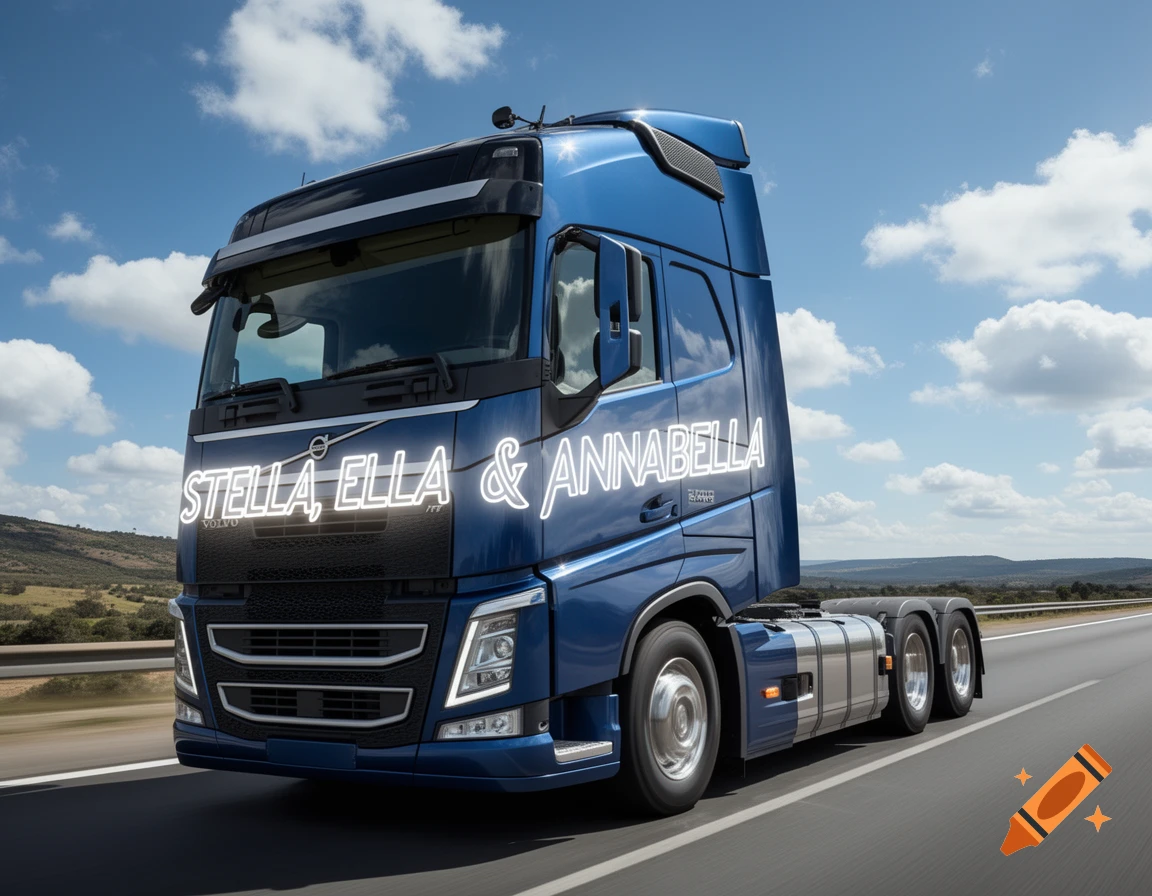 A blue Volvo semi-truck with 'STELLA, ELLA & ANNABELLA' written on its side drives down a highway under a cloudy sky.