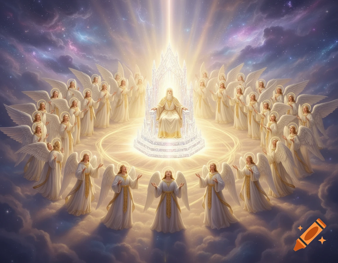 God on a luminous throne surrounded by many angels with white wings in a cosmic, cloudy sky.