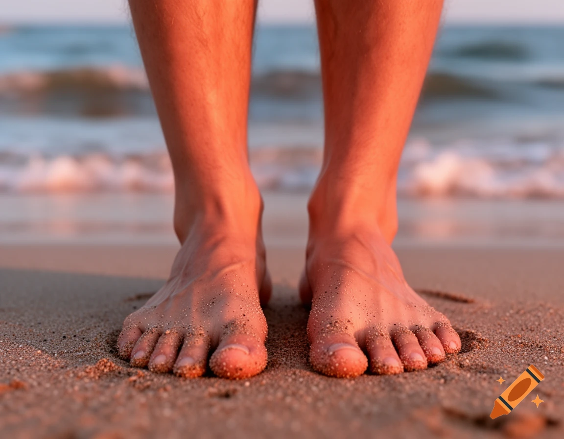 Close-up of bare feet standing on a sandy beach with ocean waves in the background at sunset.