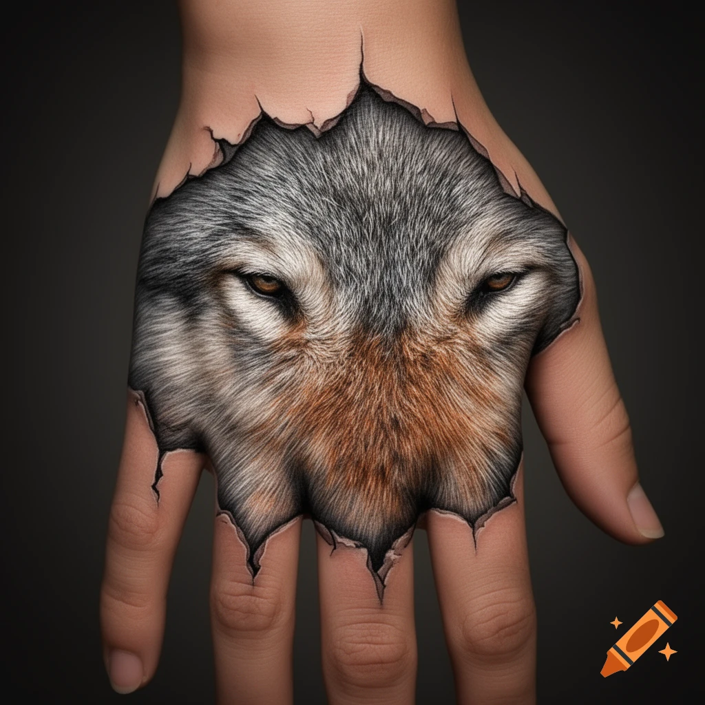 A photorealistic wolf's head with gray and brown fur and intense eyes appears to rip through the skin on the back of a human hand.