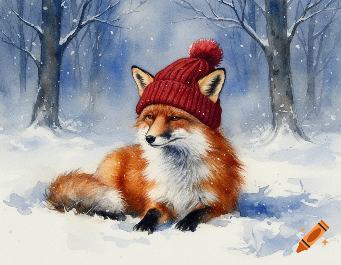 A watercolor painting of a red fox wearing a red knit beanie with a pompom, sitting in a snowy forest with trees in the background.