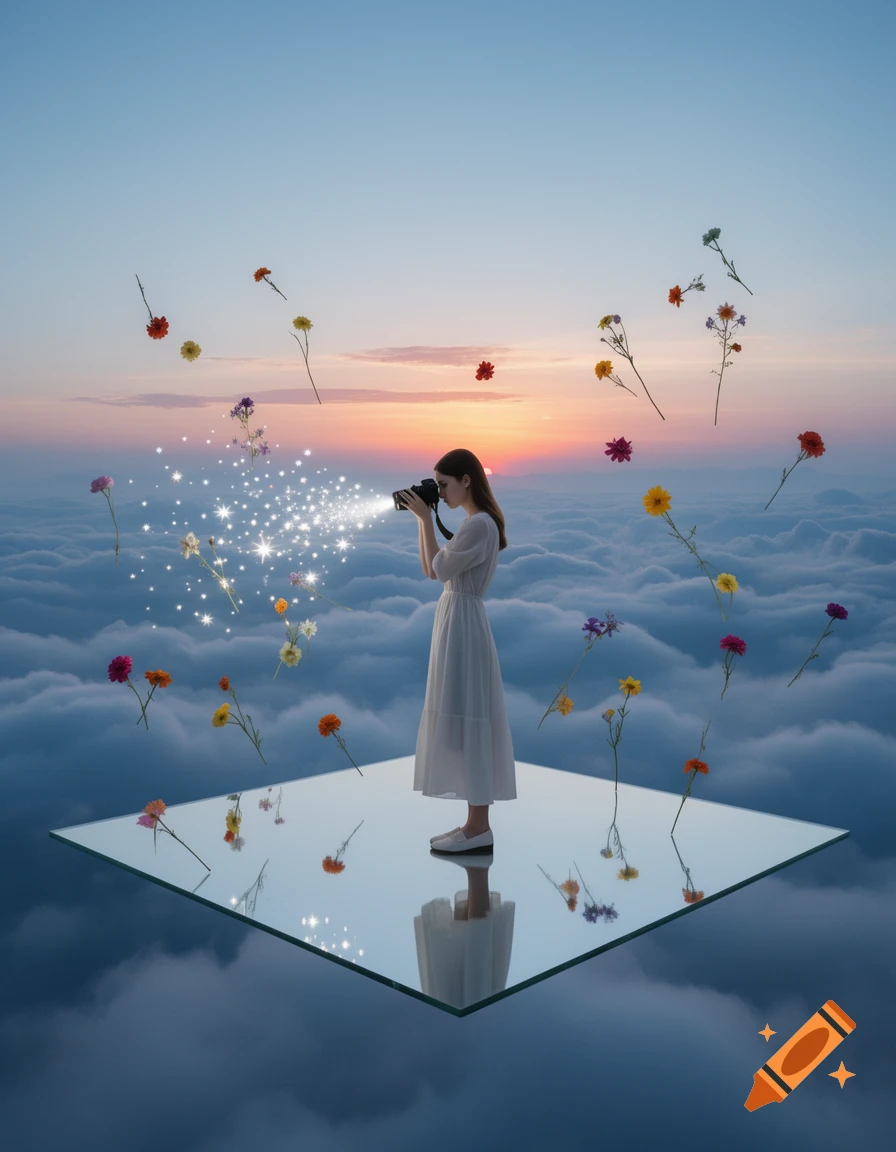 A woman stands on a mirrored platform above clouds, photographing a sunset with a star-flash camera, surrounded by floating wildflowers.