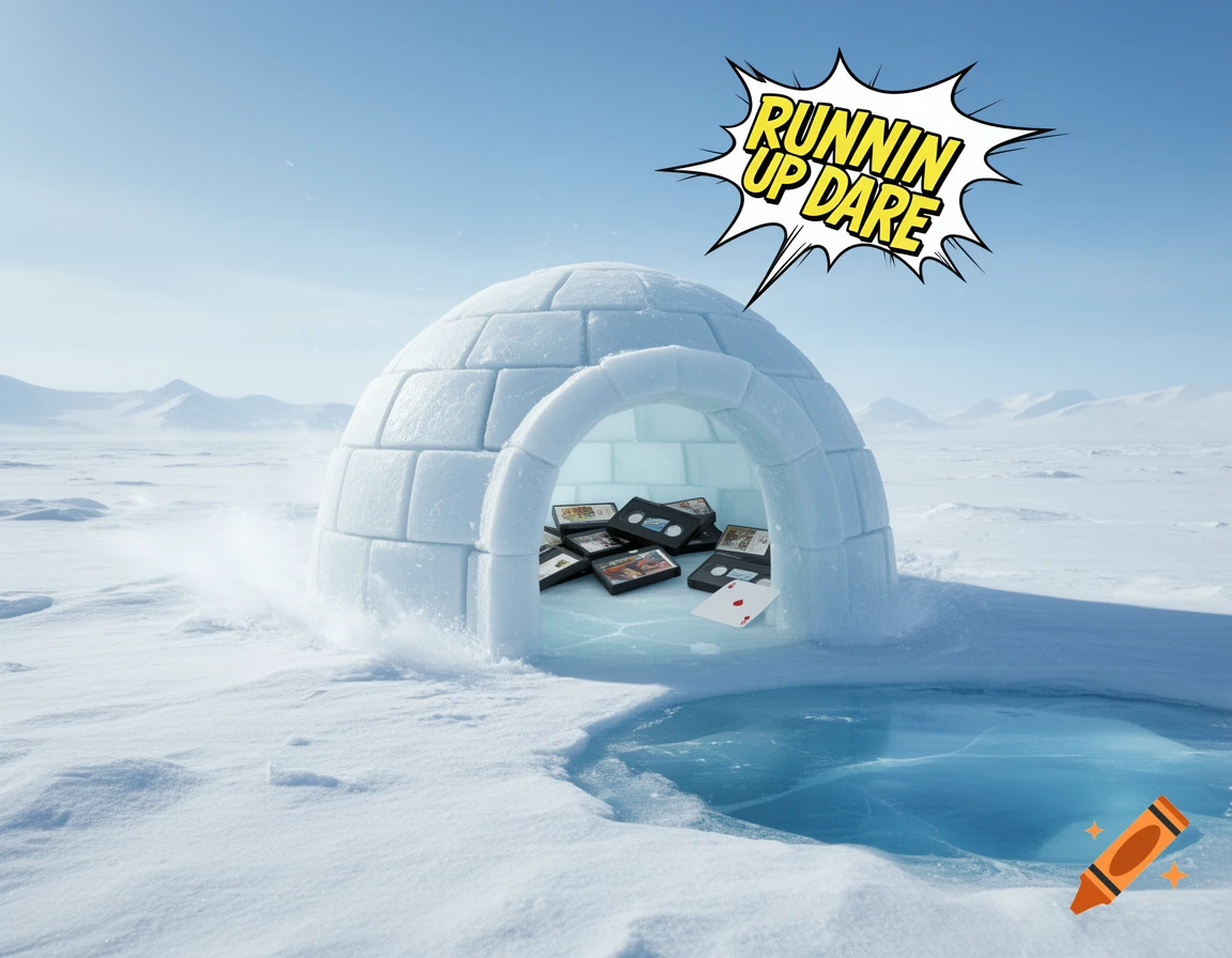 A speech bubble saying "RUNNIN UP DARE" above an igloo filled with VHS tapes and an ace of spades, next to a pool of ice in a snowy landscape.