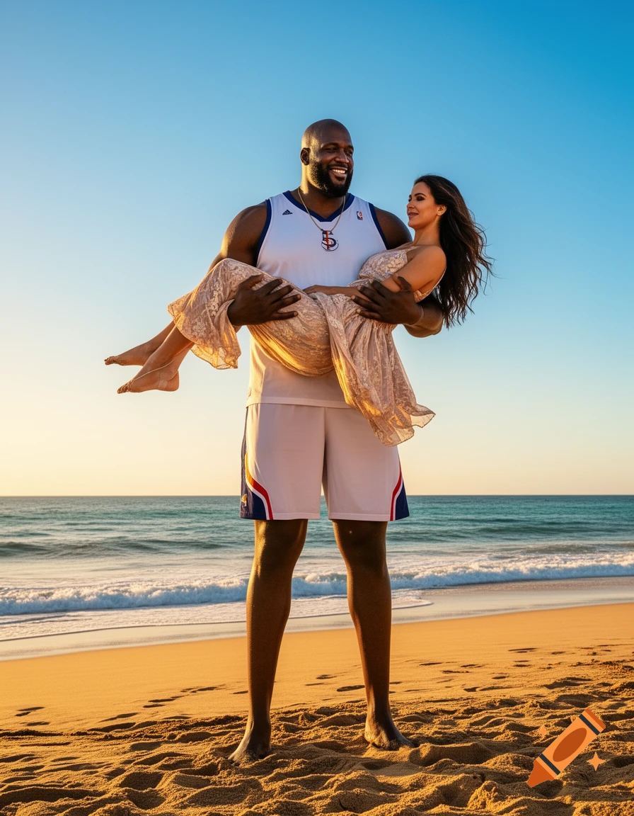 A very tall man holds a woman in a dress on a sunny beach with the ocean behind them, photorealistic.