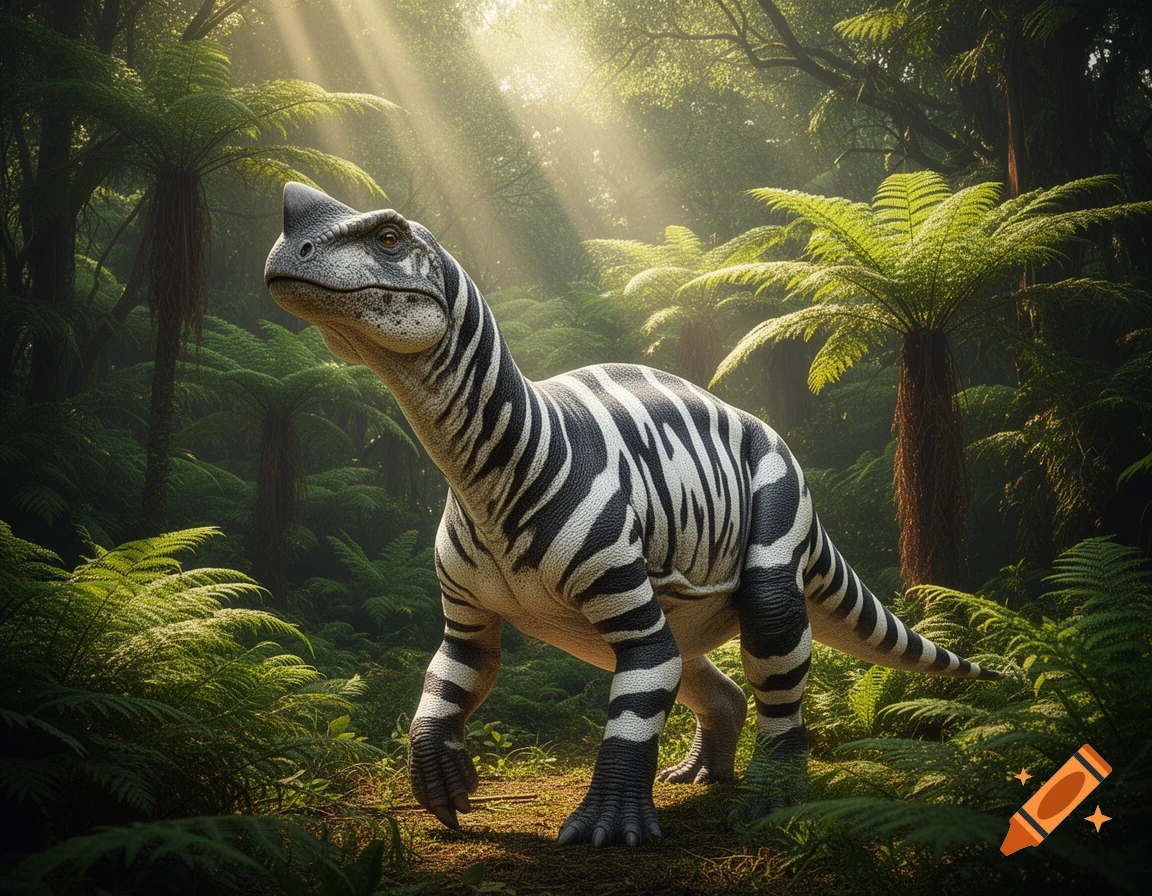 A striped iguanodon walks through a lush, sun-dappled prehistoric jungle with ferns and palm trees.