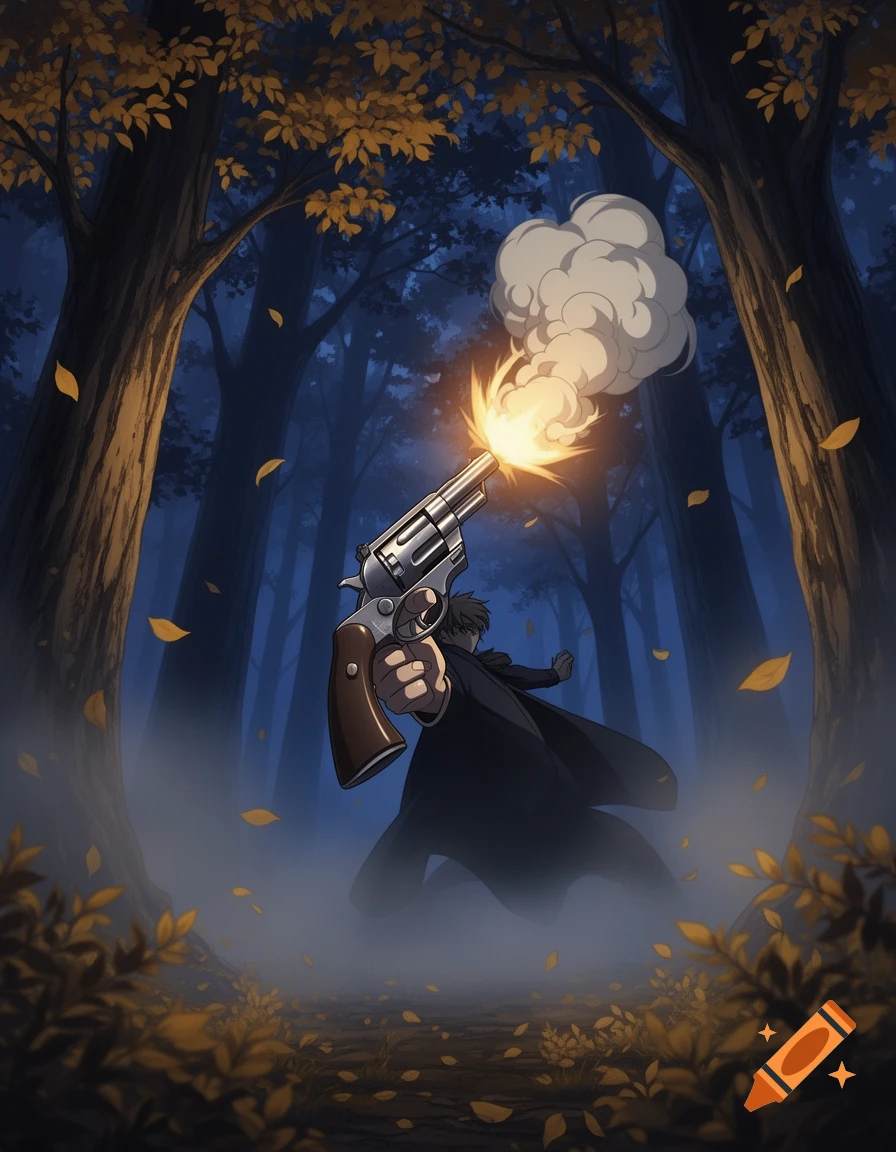 An anime-style person in a dark forest fires a revolver, producing a bright muzzle flash and smoke.