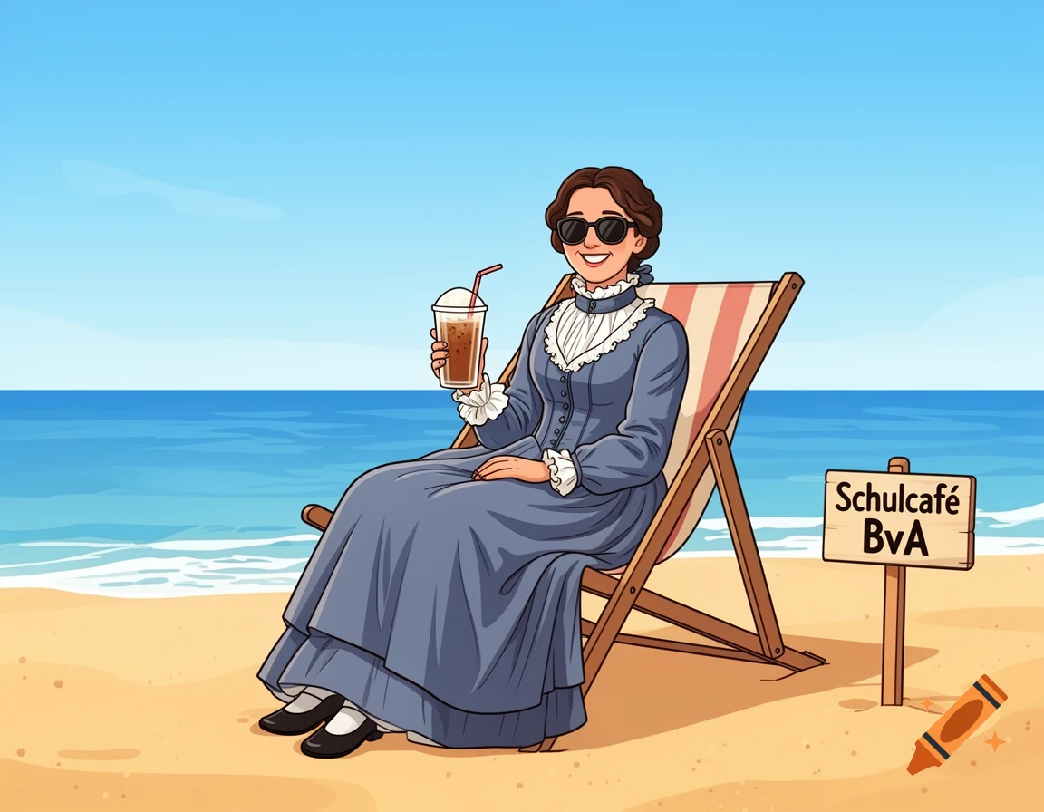 A smiling woman in 19th-century attire and sunglasses sits in a deck chair on a beach, holding iced coffee, next to a sign reading 'Schulcaf af e BvA' in a cartoon style.