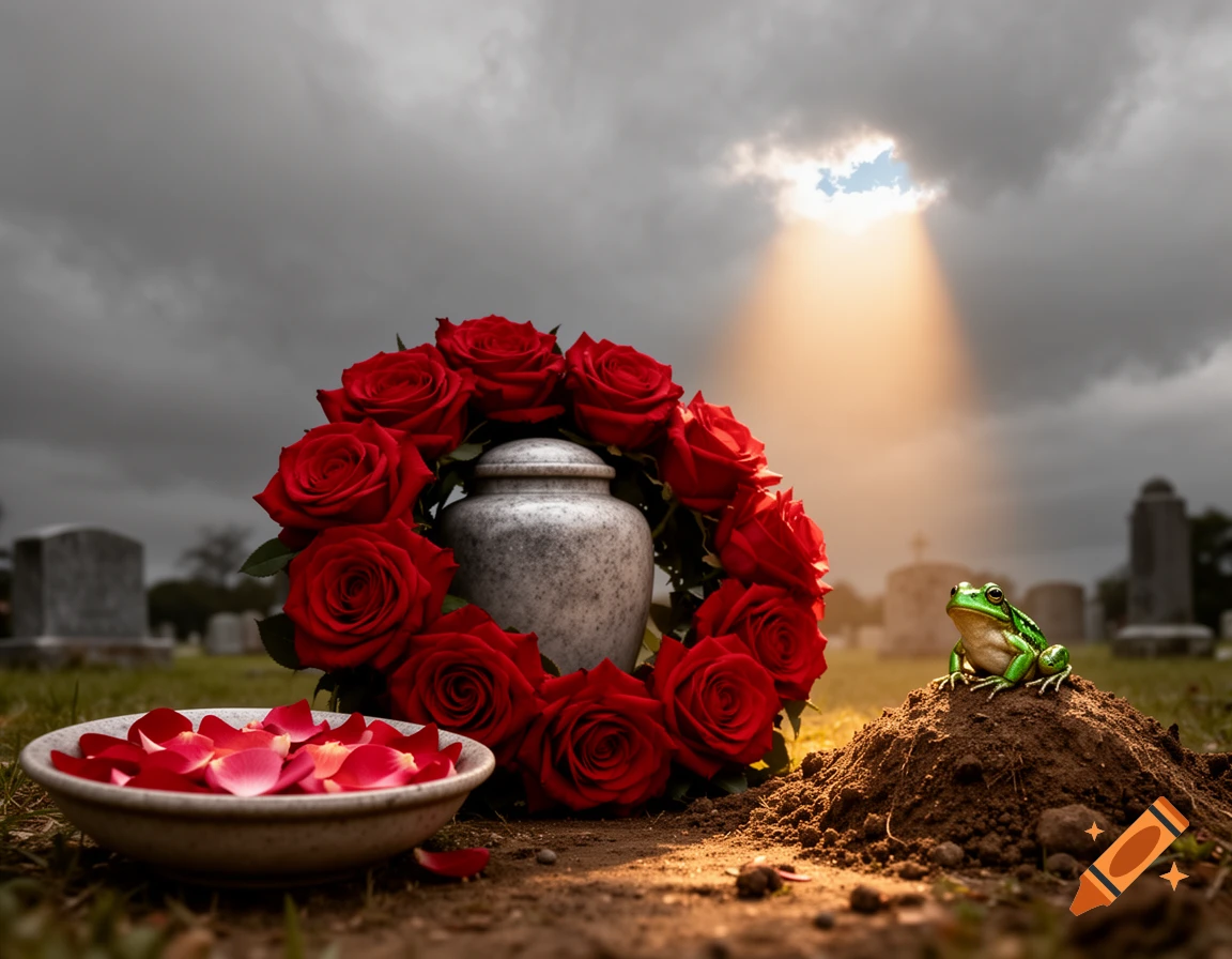 Photorealistic image of a stone urn surrounded by red roses and rose petals in a cemetery, with a green frog on a dirt mound, under a dramatic cloudy sky with a sunbeam.