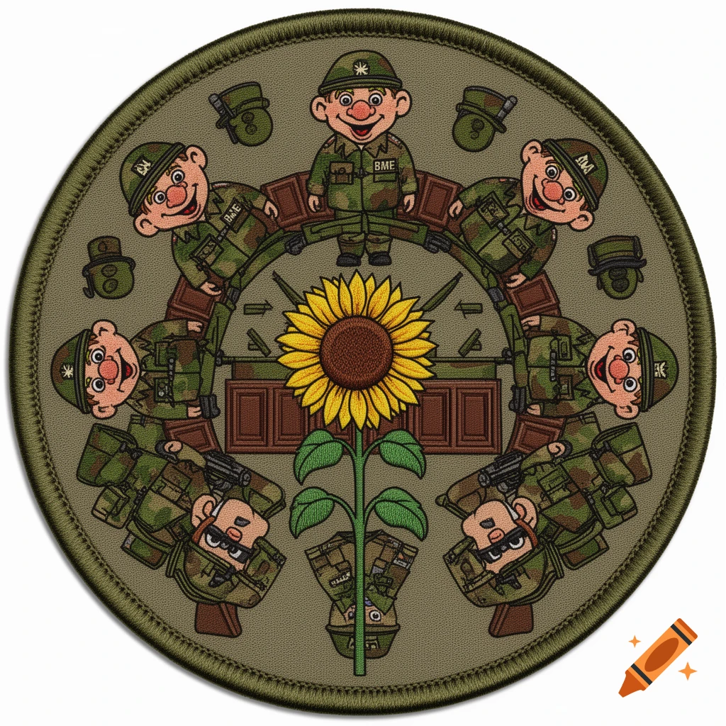 A round embroidered military patch featuring cartoon soldiers in camouflage uniforms arranged around a large sunflower.