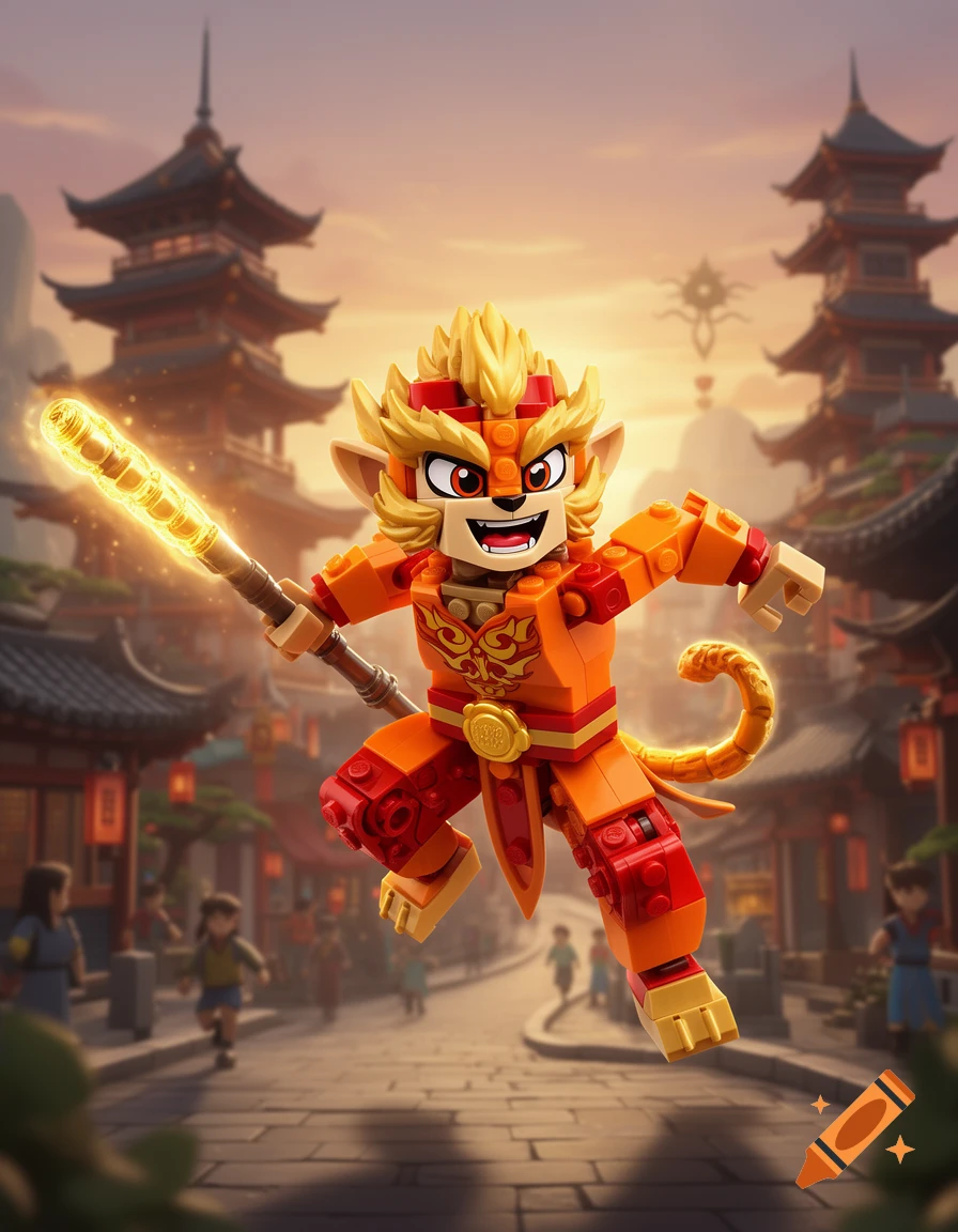 Lego Sun Wukong character in orange and red armor jumps with a glowing staff over an East Asian street with pagodas at sunset.