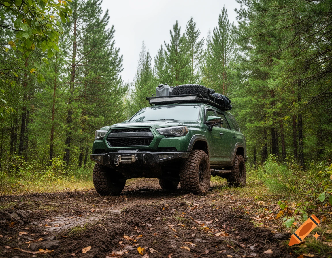 A green offroad SUV with a roof rack drives on a muddy trail through a dense forest.