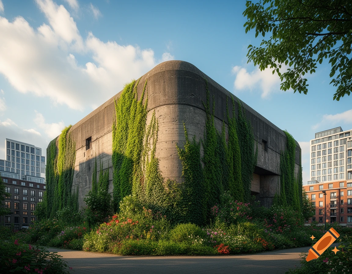 A large, rounded concrete bunker covered in green ivy and surrounded by colorful flowers, with modern buildings under a blue sky.