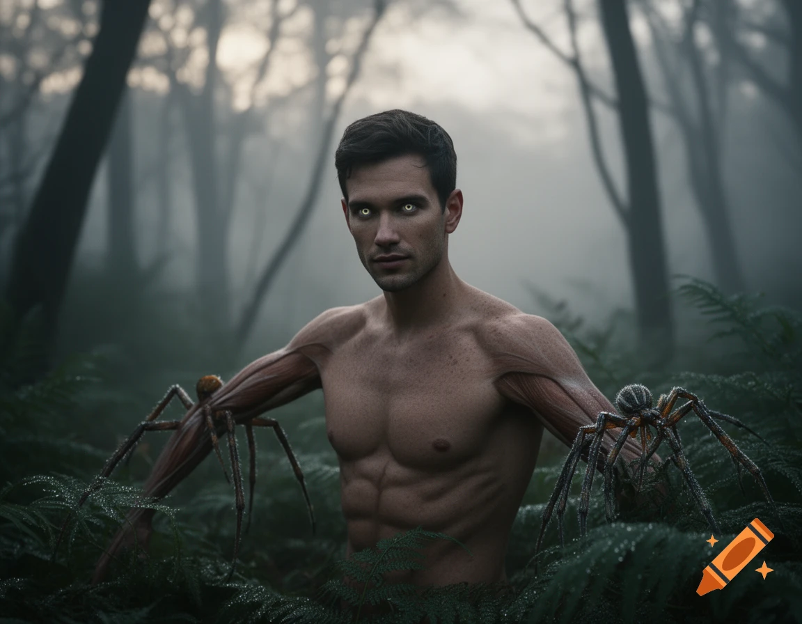 A shirtless man with glowing white eyes and spider-like limbs, with large spiders on his biceps, stands in a misty, dark forest.