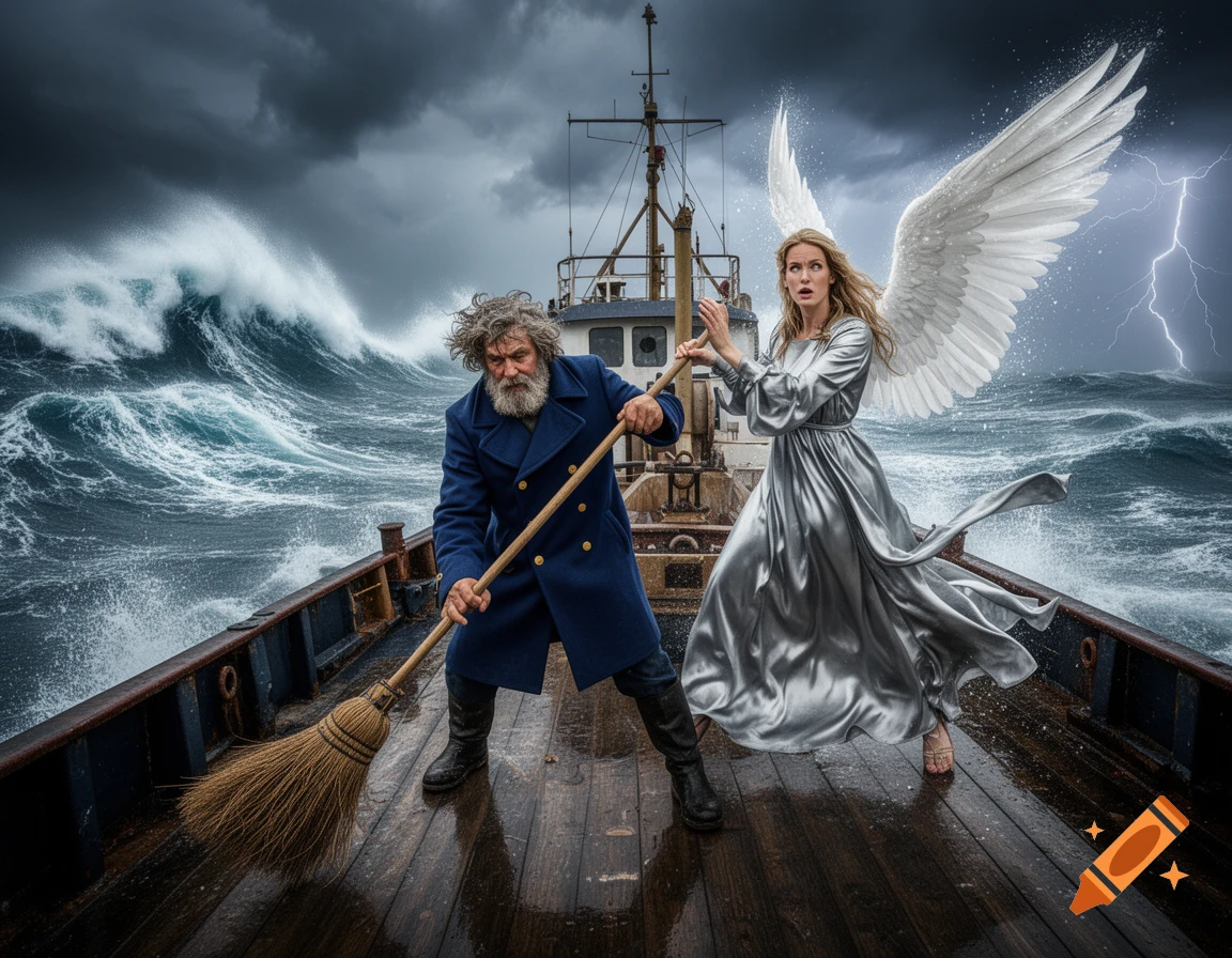 A grizzled sea captain sweeps an angel off a tugboat into a stormy sea with large waves and lightning.