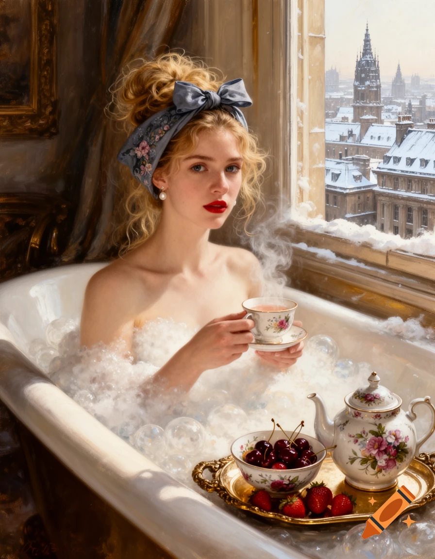 Oil painting of a young woman in a bubble bath, holding a teacup, with a snowy city visible through a window. A tray with tea and fruit is nearby.