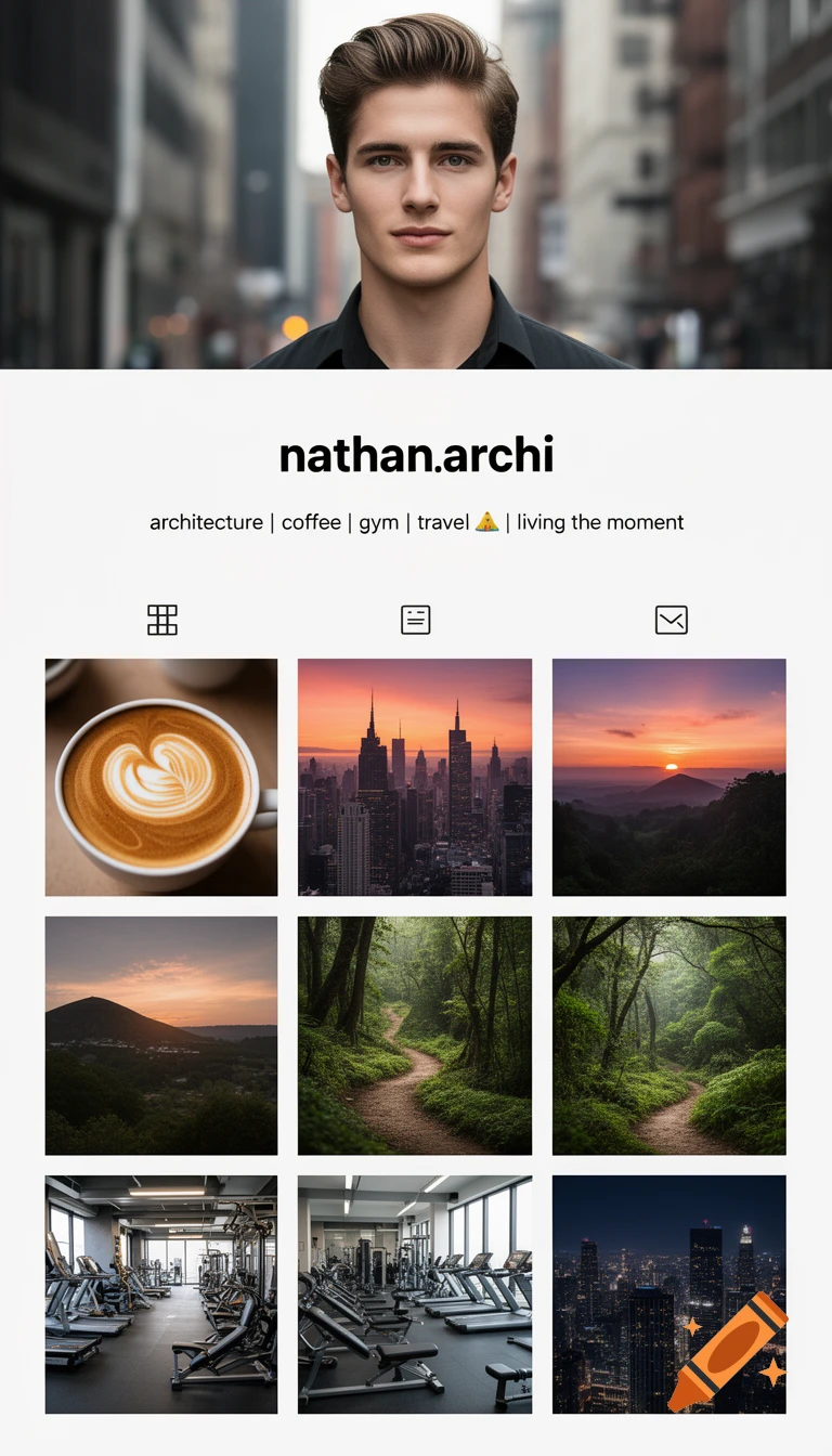 A simulated Instagram profile for 'nathan.archi' showing a young man's portrait, bio, and a grid of aesthetic photos: coffee, city, nature, gym.