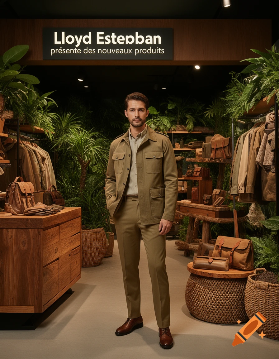A man in a khaki safari suit stands in a stylish boutique with plants and leather goods, under a sign 'Lloyd Esteban pr ésente des nouveaux produits'.