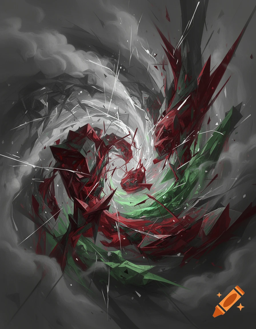 Abstract digital art featuring a swirling vortex of sharp, fragmented shapes in red, green, white, and dark grey, evoking chaos and imbalance.