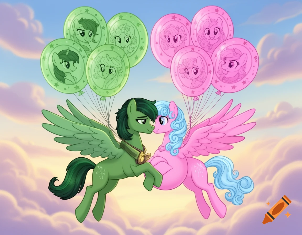 A green pegasus stallion and a pink pregnant pegasus mare kiss while flying through a cloudy sky, holding balloons with their portraits.