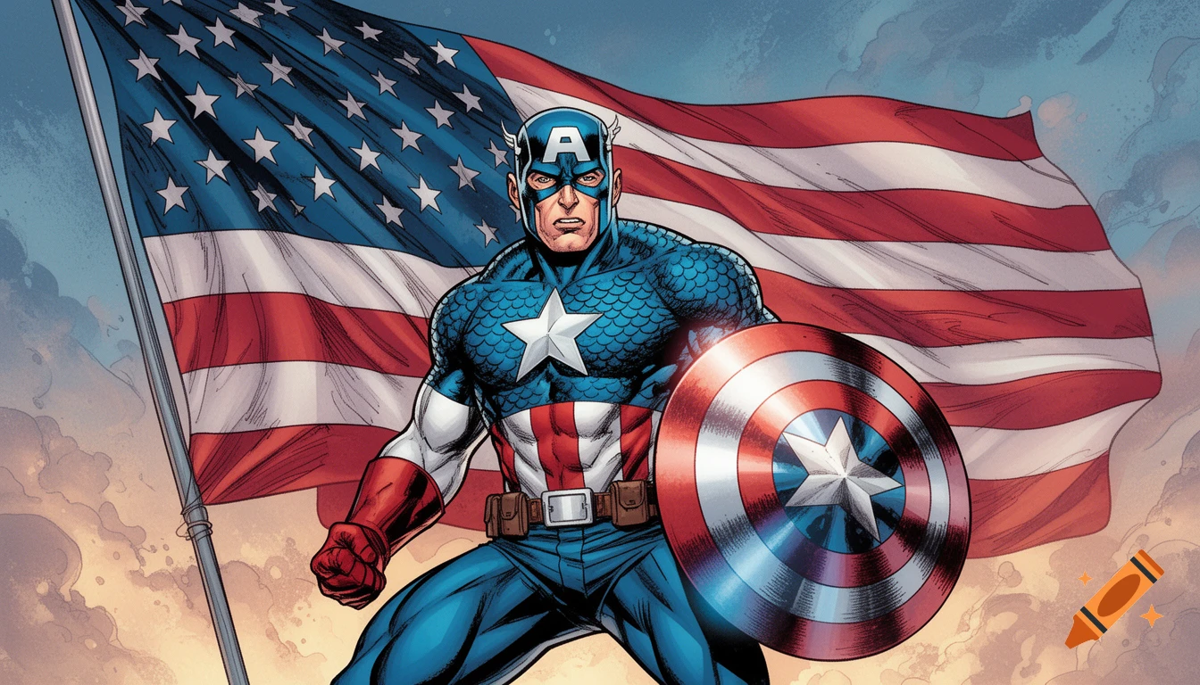 Captain America stands heroically in a comic book style against a large, waving American flag.
