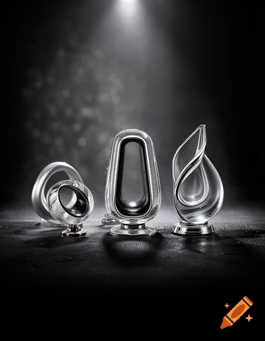 Three shiny, wet, abstract glass and metal sculptures on a dark, reflective surface with dramatic lighting.