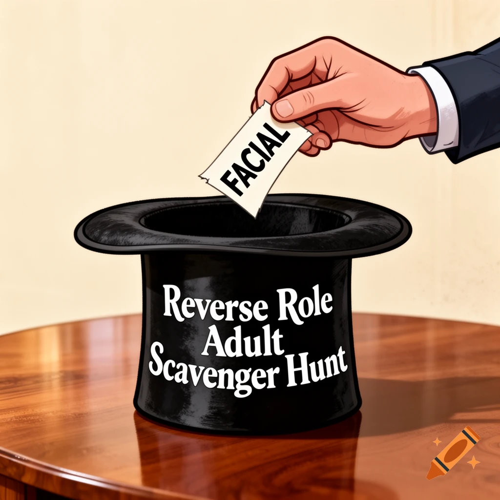 Cartoon of a hand pulling a 'FACIAL' slip from a black top hat reading 'Reverse Role Adult Scavenger Hunt'.