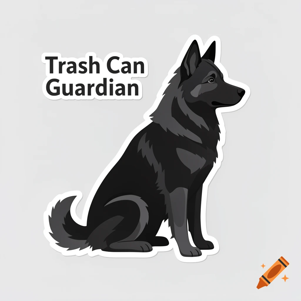 A stylized black dog, resembling an Elkhound, sits in profile on a sticker with 'Trash Can Guardian' text.
