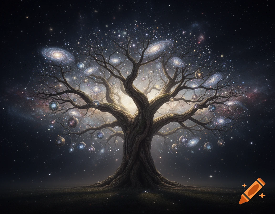 A majestic cosmic tree with branches adorned with stars and swirling galaxies, set against a dark, star-filled sky.