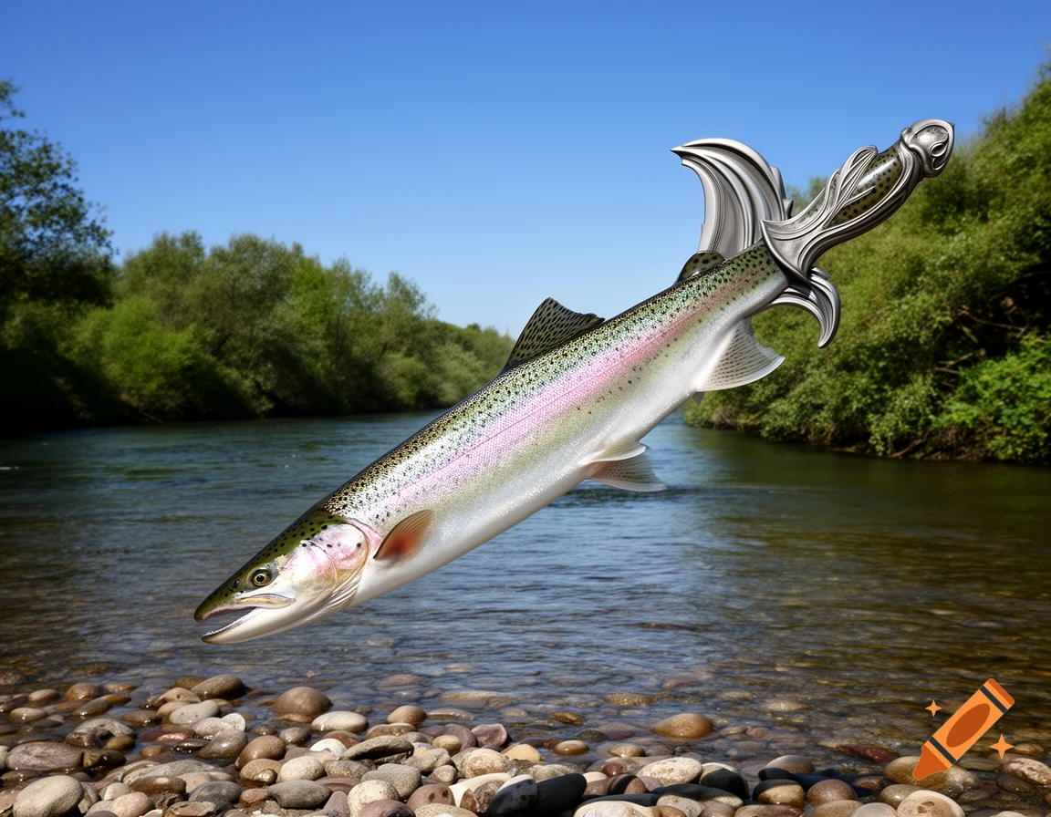 A photorealistic image of a rainbow trout with its tail replaced by an ornate sword, leaping over a rocky river.