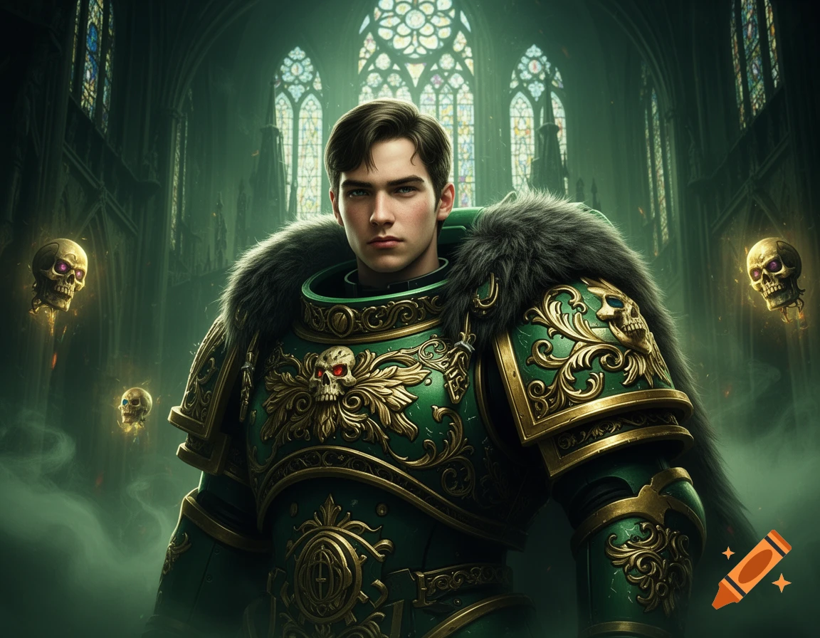 Young man in ornate green and gold sci-fi power armor with fur trim, in a gothic cathedral with stained glass, floating glowing skulls.