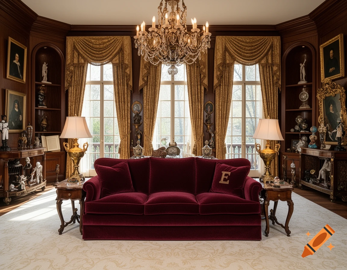 A luxurious, traditional living room with a large red velvet sofa, gold lamps, ornate chandelier, and dark wood paneling.