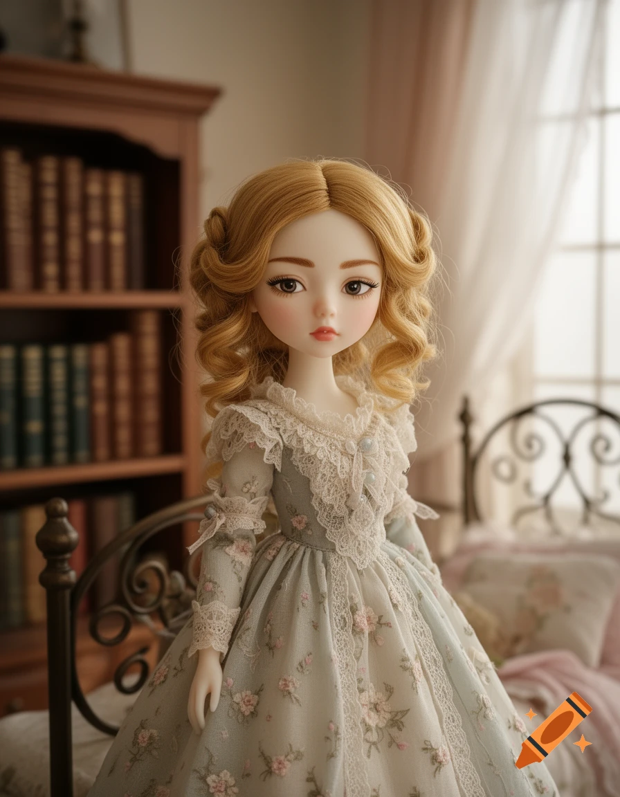 A photorealistic doll with blonde curly hair and a light blue floral dress with lace details sits in a vintage room with a bookshelf.