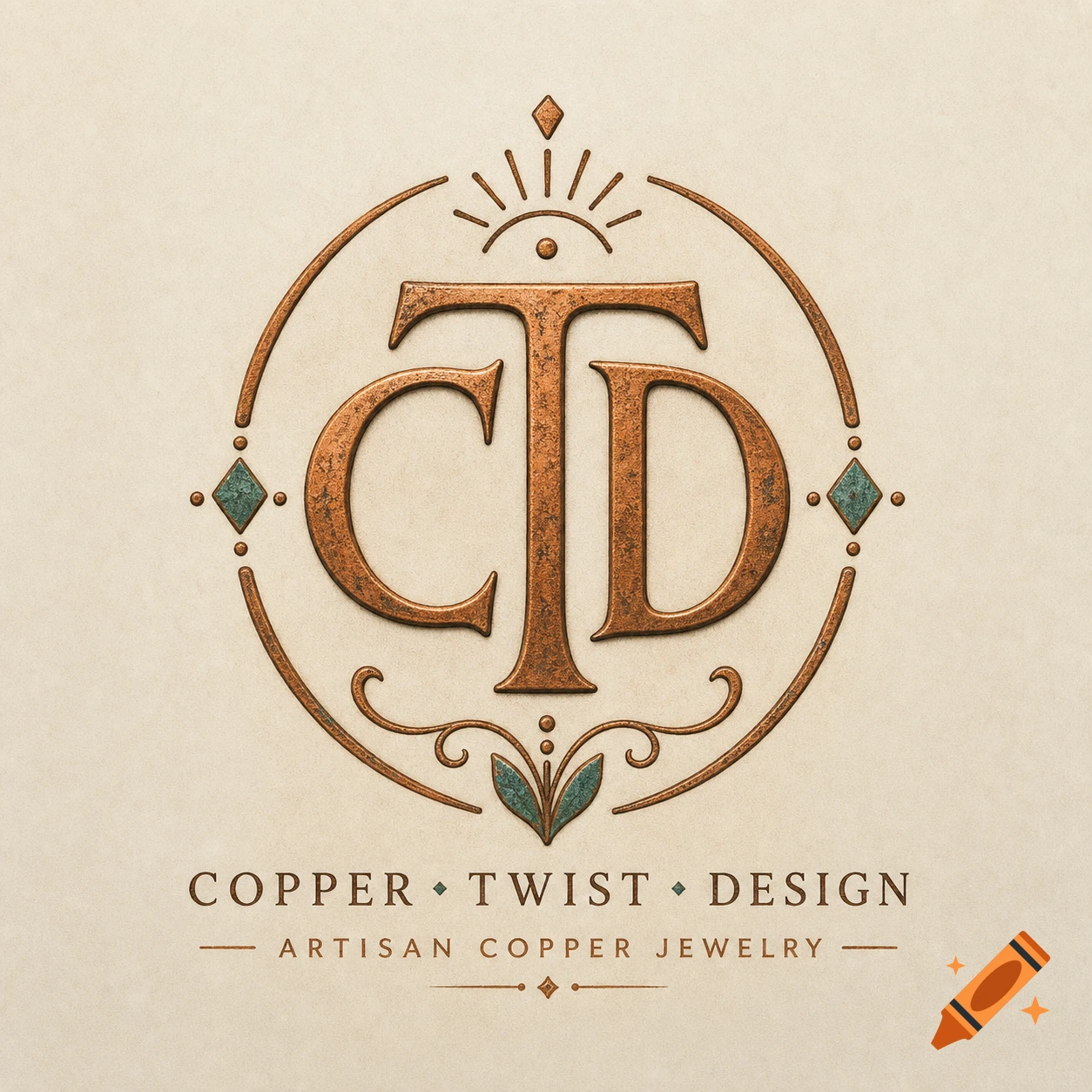 Rustic copper logo with embossed 'CTD' initials in a circular sigil, featuring 'Copper Twist Design' and 'Artisan Copper Jewelry' text below.