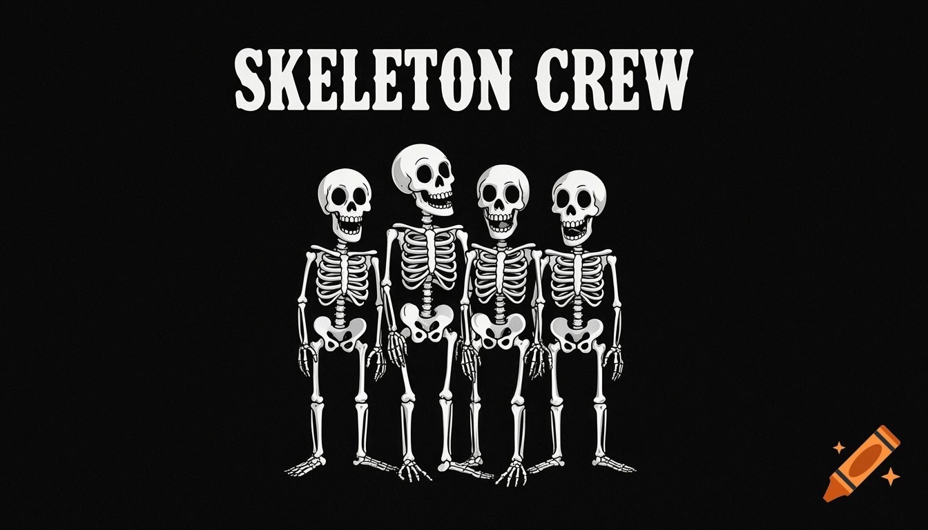 Four cartoon-style skeletons stand together against a black background, with "Skeleton Crew" text above.