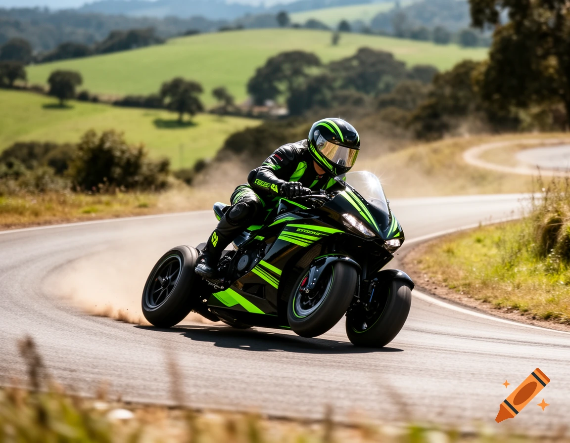 A rider on a black and neon green four-wheel racing motorbike leans into a curve on a winding asphalt road, kicking up dust against a backdrop of green hills.