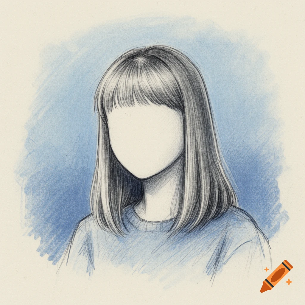 Hand-sketched drawing of a faceless girl with medium-length dark blonde hair and a fringe, wearing a light blue sweater against a blue background.