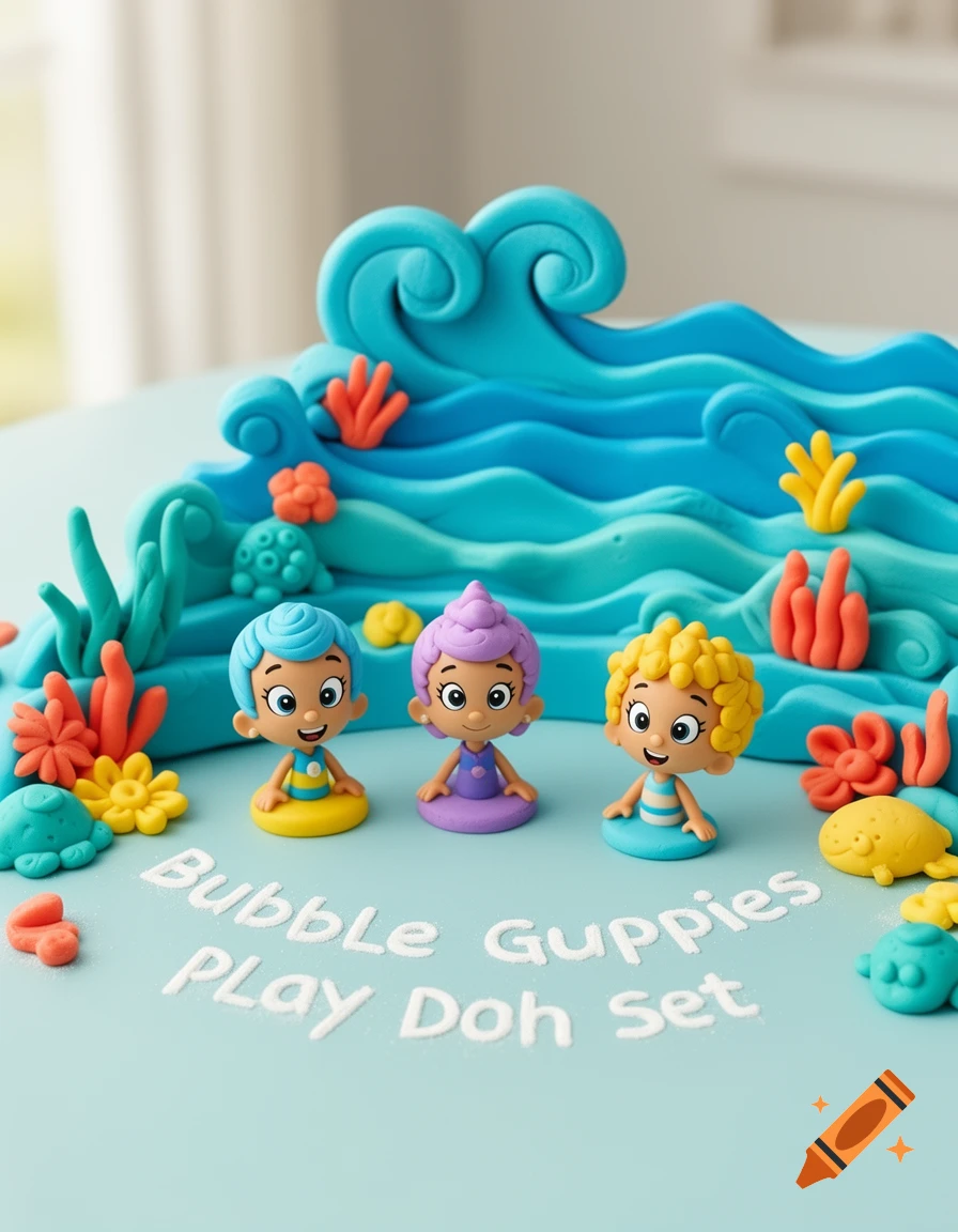 Three colorful Bubble Guppies figurines, made to look like Play-Doh, sit on a light blue surface with teal waves and orange and yellow coral-like decorations. The words "Bubble Guppies PLAY Doh Set" are written on the surface in white.