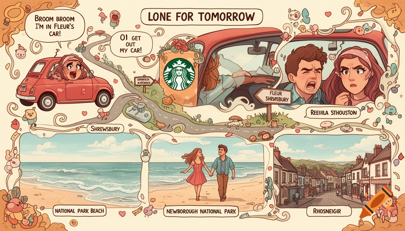 A colorful cartoon travel map showing a journey. It features characters in a red car, a Starbucks logo, a couple walking on a beach, and a town street. Speech bubbles and location names are visible.