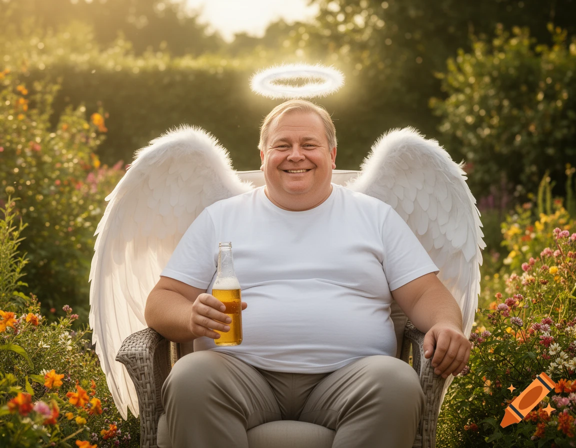 Chubby man dressed as a funny angel with tilted halo and crooked wings, holding a beer in a sunny garden.