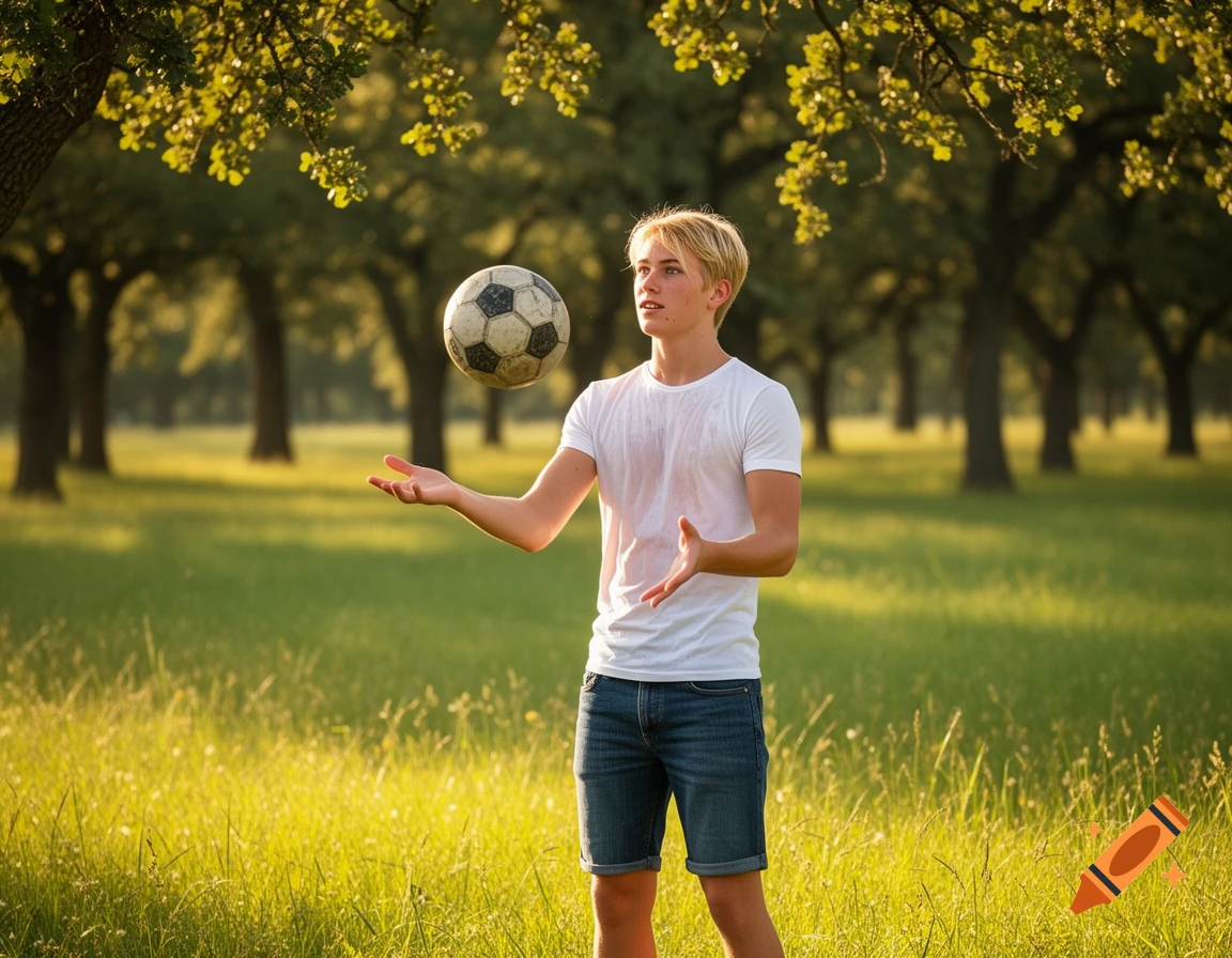 A blonde young man in a white t-shirt and blue shorts juggles a soccer ball in a sunny green park.