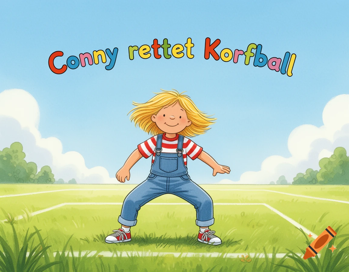 A blonde-haired cartoon child in blue overalls stands ready on a green sports field with the title "Conny rettet Korfball" above.