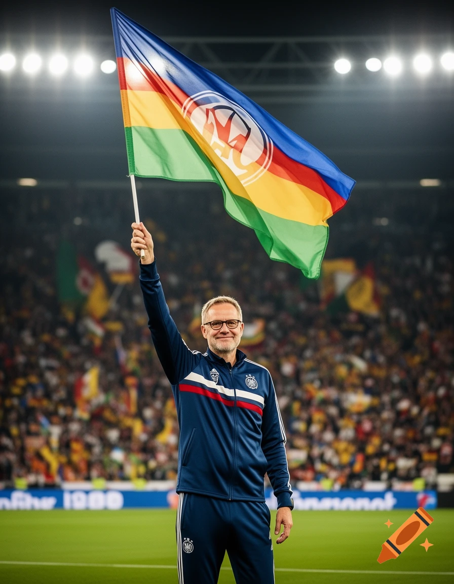 A man in a blue tracksuit with red and white stripes raises a multi-colored flag in a stadium filled with spectators.