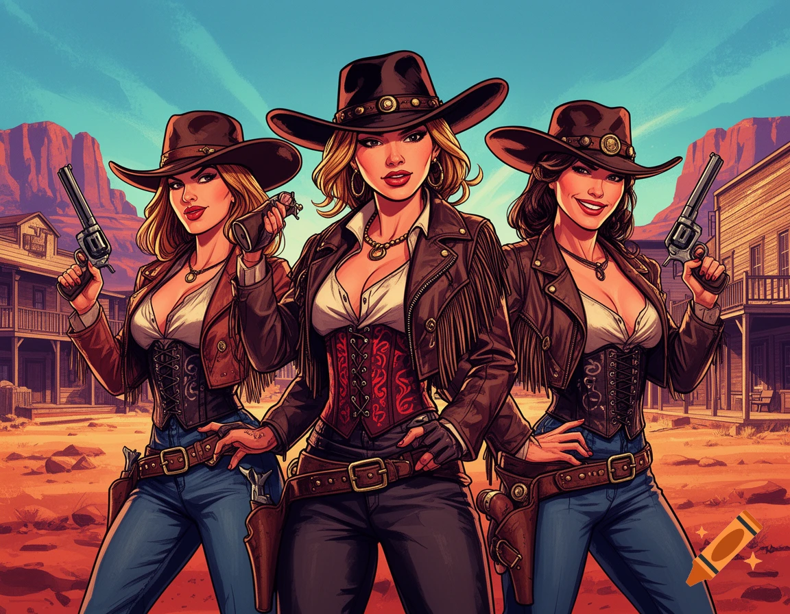 Three stylized cowgirls in hats and leather jackets, holding guns in a Western town setting.