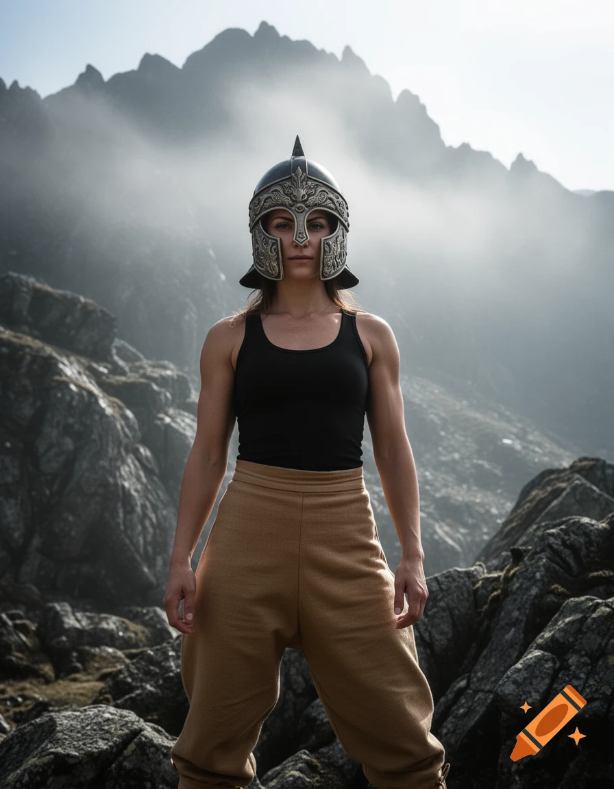 A woman in a black tank top, khaki pants, and an ornate warrior helmet stands in a misty, rocky mountain landscape.
