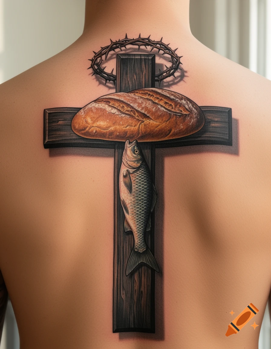 Realistic tattoo on an upper back featuring a wooden cross, a loaf of bread, a fish, and a crown of thorns.