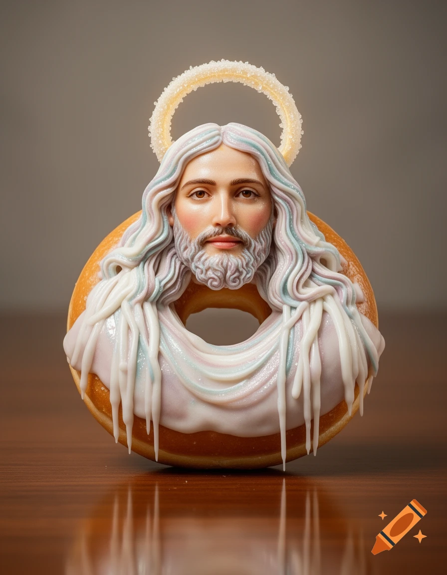 A photorealistic donut decorated to resemble Jesus Christ, with a sugared halo, on a wooden table.