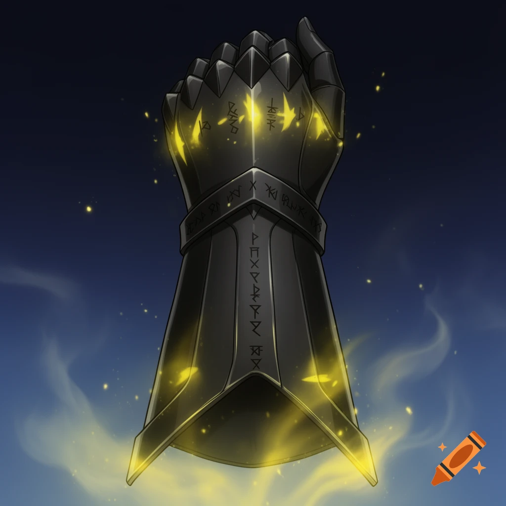 Anime-style illustration of a black gauntlet adorned with glowing yellow runes and a prismatic shine.
