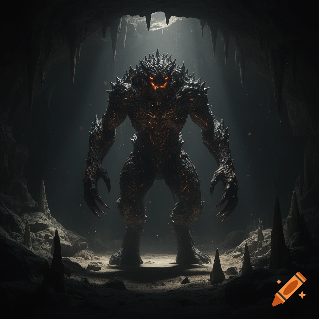 A dark, spiky, lava-cracked monster with glowing eyes stands menacingly in a dimly lit cave.
