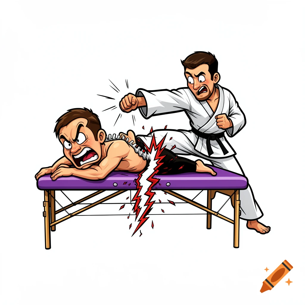 A cartoon man in a white karate gi kicks and breaks the back of another man lying on a purple massage table, with both men looking pained.